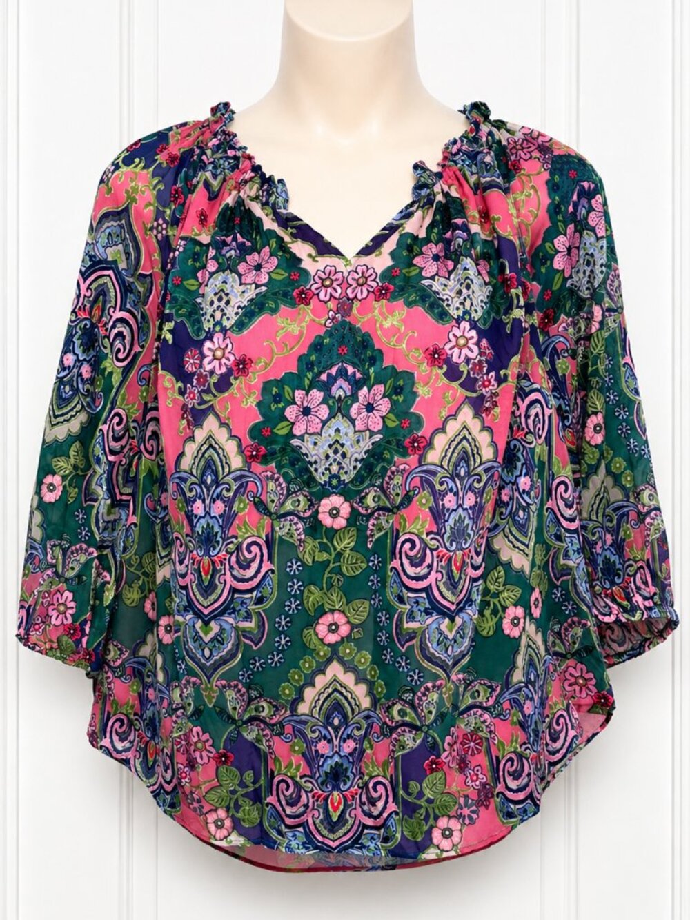 Talbots 3X Paisley Floral Blouse Pink Green Lightweight Lined Plus Size